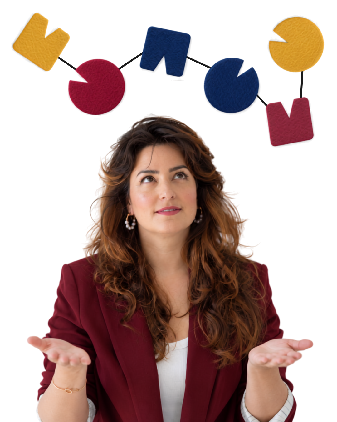 ספיר וויס, ומעליה קשת של צורות מחוברות בחוט